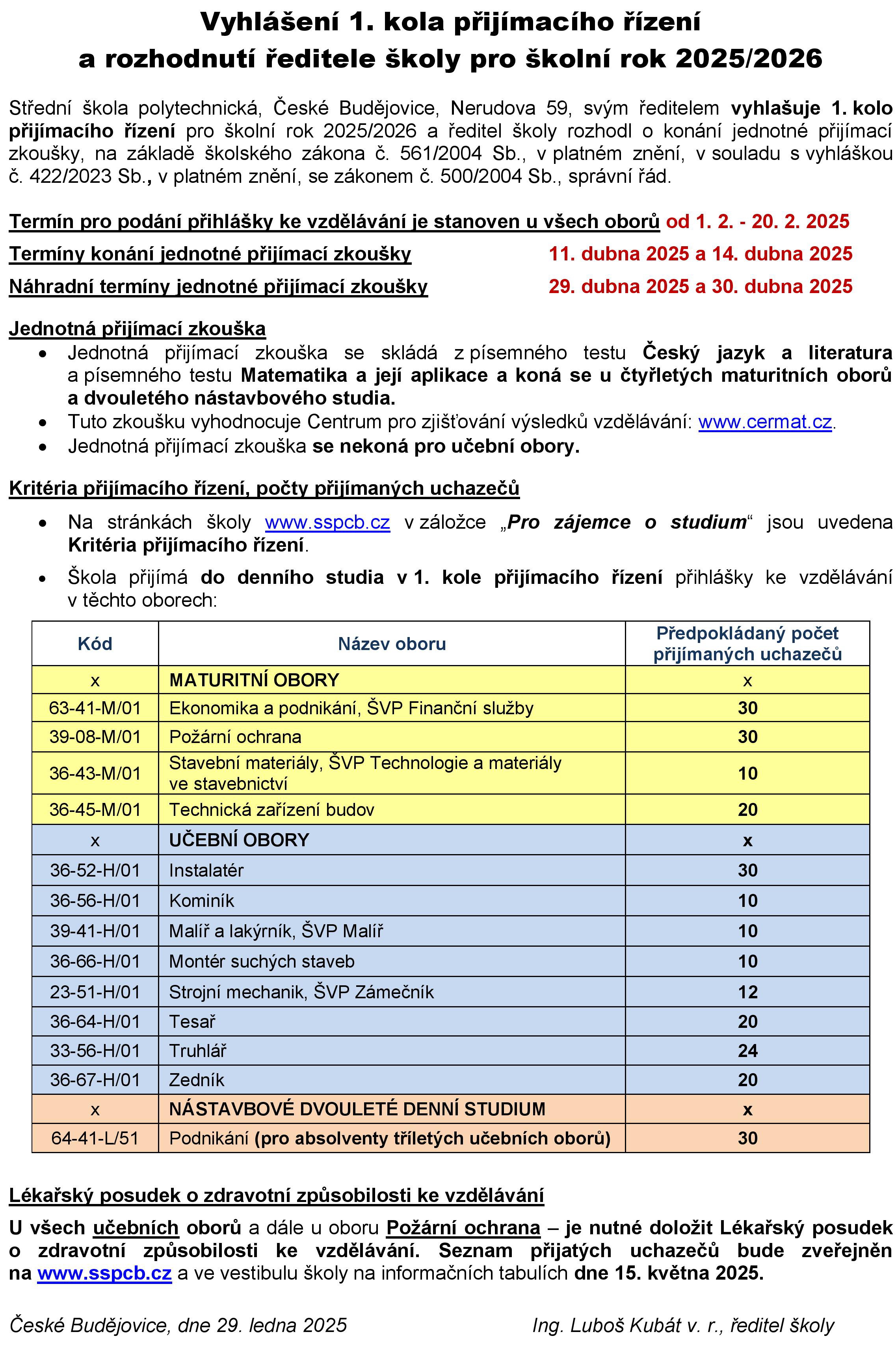 vyhlášení 1. kola přijímaček 25-26